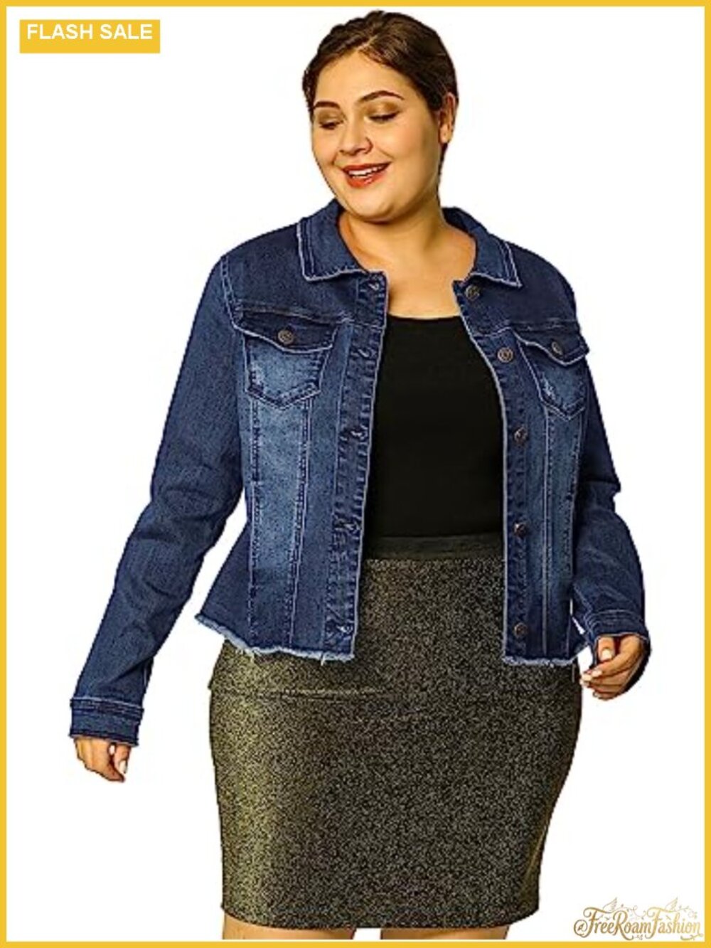Plus Size Frayed Denim Jacket Women Classic Washed Jean Jacket Button Up